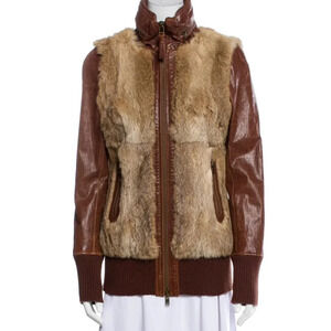 Mackage brown Leather Rabbit  Fur Short Bomber Jacket w Hood S